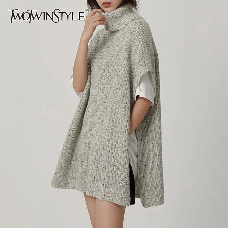 TWOTWINSTYLE Korean Minimalist Women's Sweaters Turtleneck Short Sleeve Button Warm Thick Female Sweater Autumn Fashion New 2019 | Женская