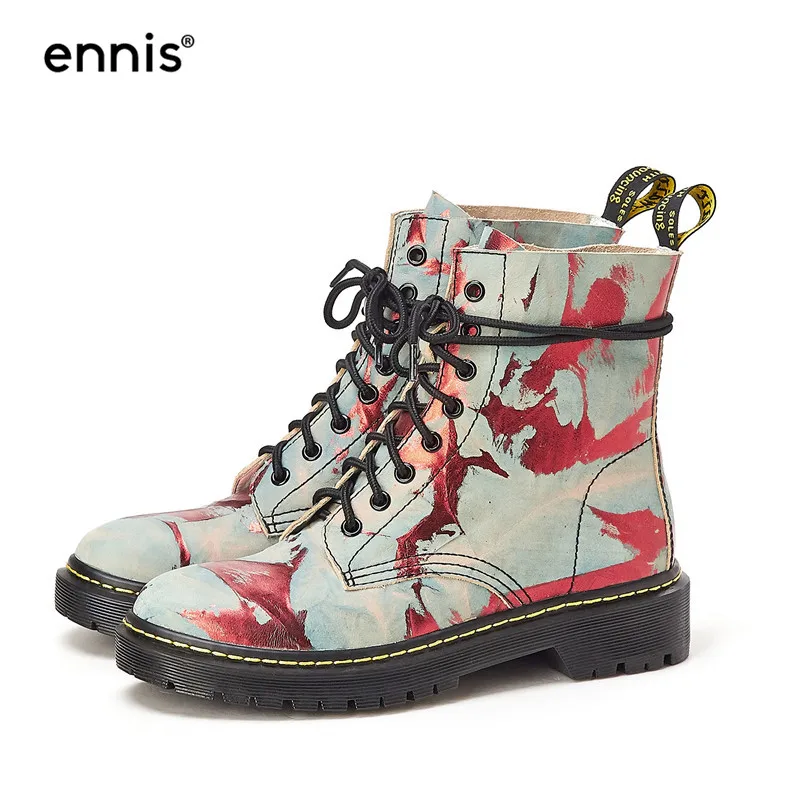ENNIS/Брендовые женские Ботинки martin; винтажные ботильоны на шнуровке; ботинки на платформе из натуральной кожи с принтом; Дизайнерская обувь на плоской подошве; A9180