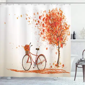 

Bicycle Shower Curtain, Autumn Tree with Aged Old Bike and Fall Tree November Day Fall Season Park Nature Theme, Cloth Fabric