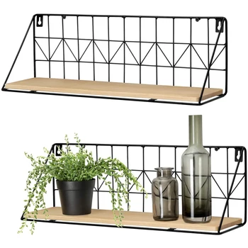 

Floating Shelves Wall Mounted Wood Storage Shelf Decorative Modern Metal Wire Display Shelf for Bedroom Living Room Bathroom 2PC