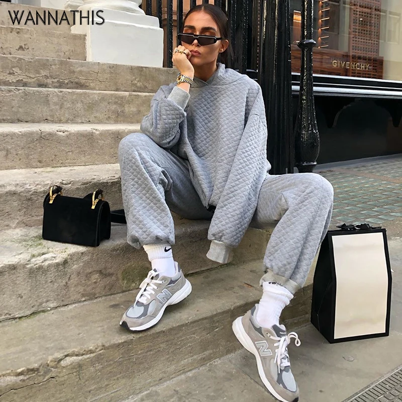 Осенне-зимние комплекты из 2 предметов WannaThis, женские повседневные серые теплые толстовки с длинным рукавом и повседневные штаны, уличная одежда, однотонный мягкий хлопковый комплект