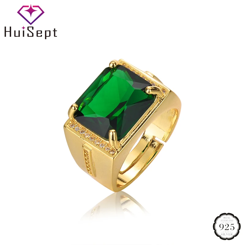 HuiSept Men Ring 925 Silver Jewelry Emerald Zircon Gemstone Gold Color Open Rings Accessories for Wedding Engagement Ornaments | Украшения