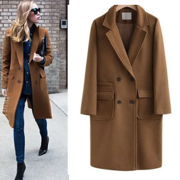 Женское длинное шерстяное пальто, зима-осень, однотонное приталенное повседневное пальто цвета хаки, элегантная женская куртка, Женская куртка размера плюс, пальто верблюжьего цвета, осень