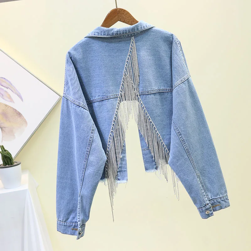 

2020 Spring Heavy industry Rhinestone Tassel Chain Back Split Jeans Jacket Women New Harajuku Vintage Loose Short Denim Jacket