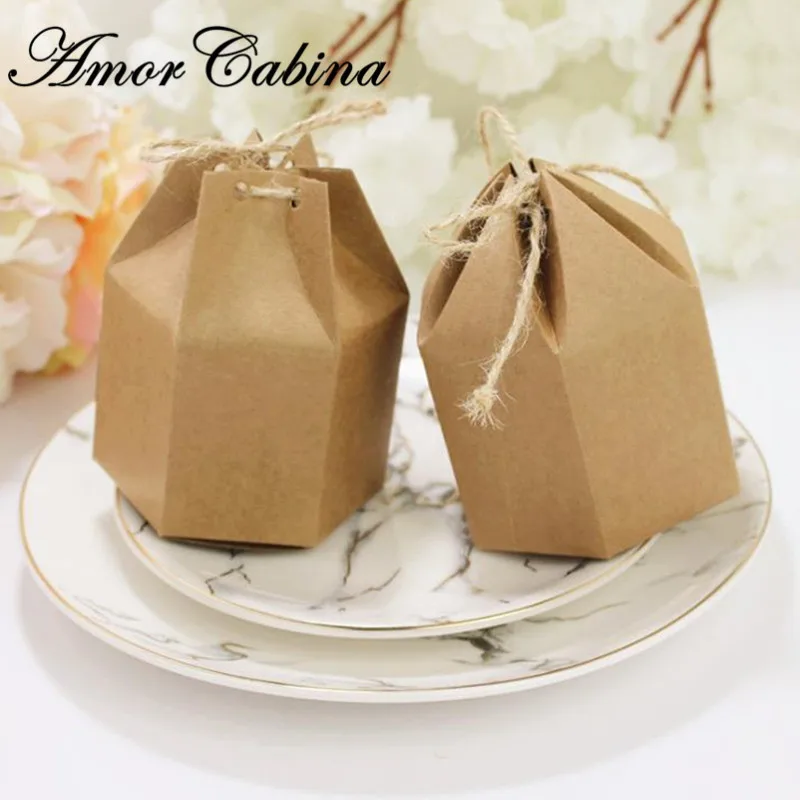

50pcs Simple kraft paper gift kraft carton lantern six hexagon carton paper packaging brown candy box