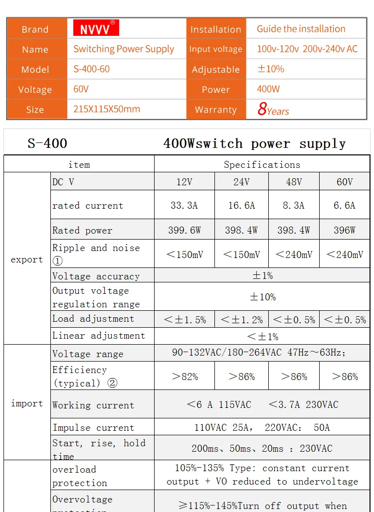 NVVV импульсный источник питания s-400w-60v6.6a регулируемым напряжением, подходит для RD6006(12V24V ac dc источник питания