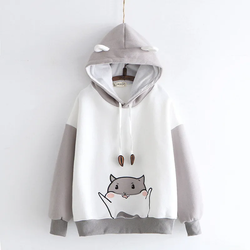 Осень Зима японский стиль Kawaii Теплые Кофты для женщин милый мультфильм Хомяк печати толстовки с капюшоном студентов Сладкий хит цвет Топы - Цвет: Темно-серый