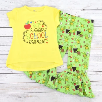 

2pcs Infant Toddler Kids Girls Flower Printed Casual Back To School T-shirt Pants Outfits Set 0-12Yrs