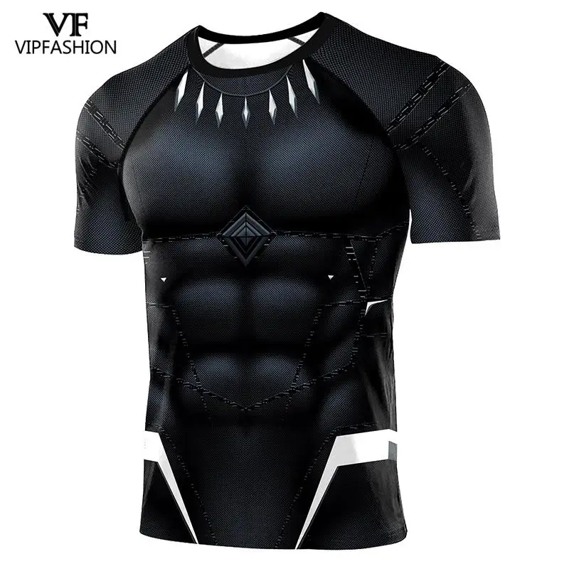 

VIP FASHION 2020 Avengers Comics Tops For Male Men BodyBuilding Raglan Short Sleeves Black Panther Compression Shirts