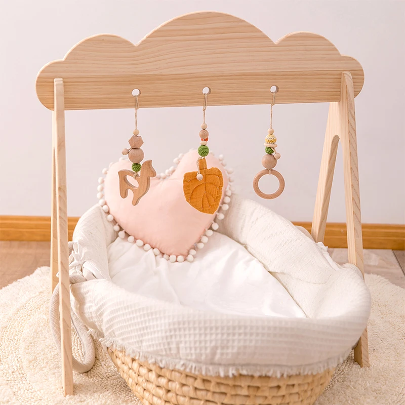 Baby Wooden Teether Gym Play Toys Cotton Leaves Mat Natural Wooden Rodent Stroller Chain Hanging Baby Toy Mobile Bed Holder Gift
