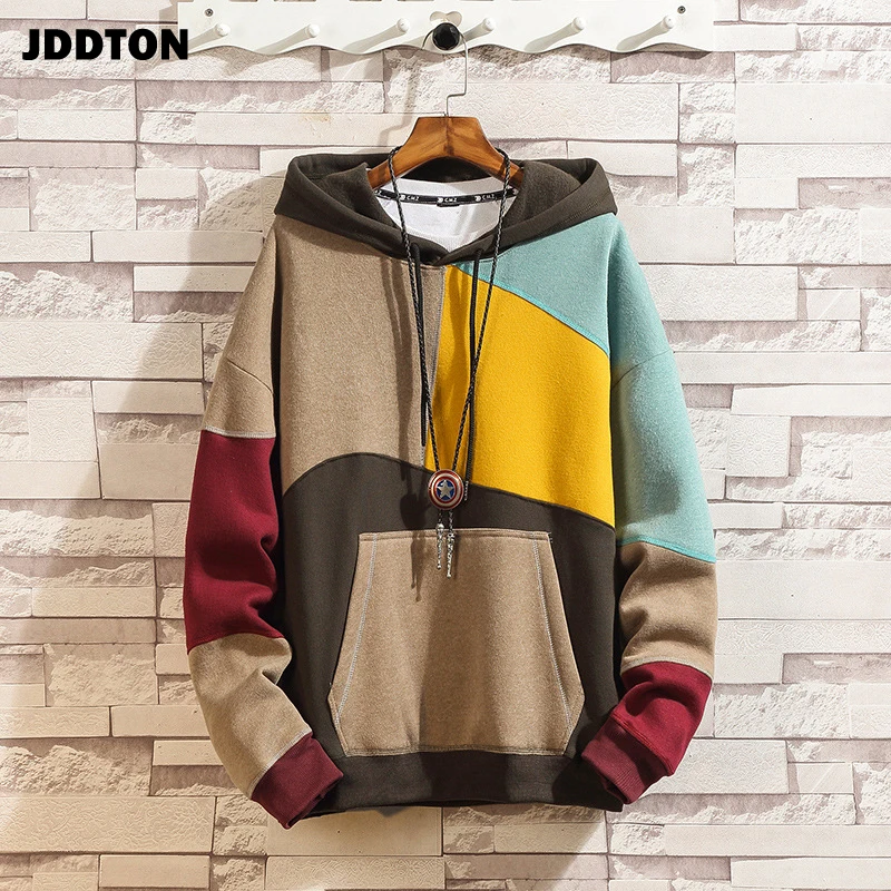 JDDTON Men's Patchwork Hooded Sweatshirt Hoodies Clothing Casual Loose Warm Streetwear Male Fashion Autumn Winter Outwear JE221 JDDTON Men's Patchwork Hooded Sweatshirt Hoodies Clothing Casual Loose Warm Streetwear Male Fashion Autumn Winter Outwear JE221