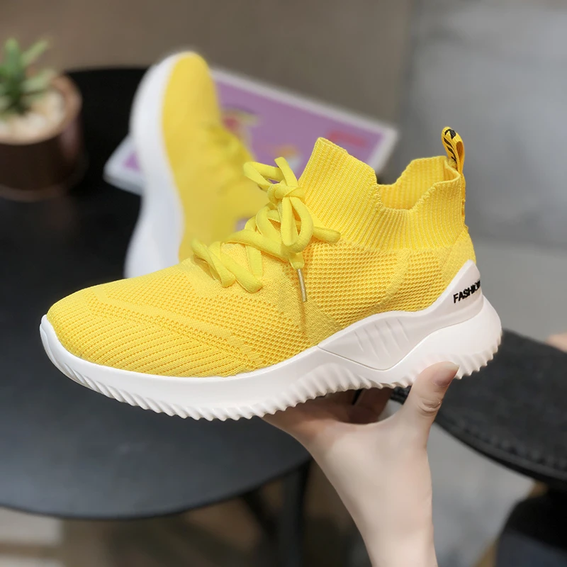 

New Woman Casual Shoes Mesh Breathable Ladies Outdoor Sneakers Yellow High Top Slip-on Footwear Fashion Colors Size 35-40