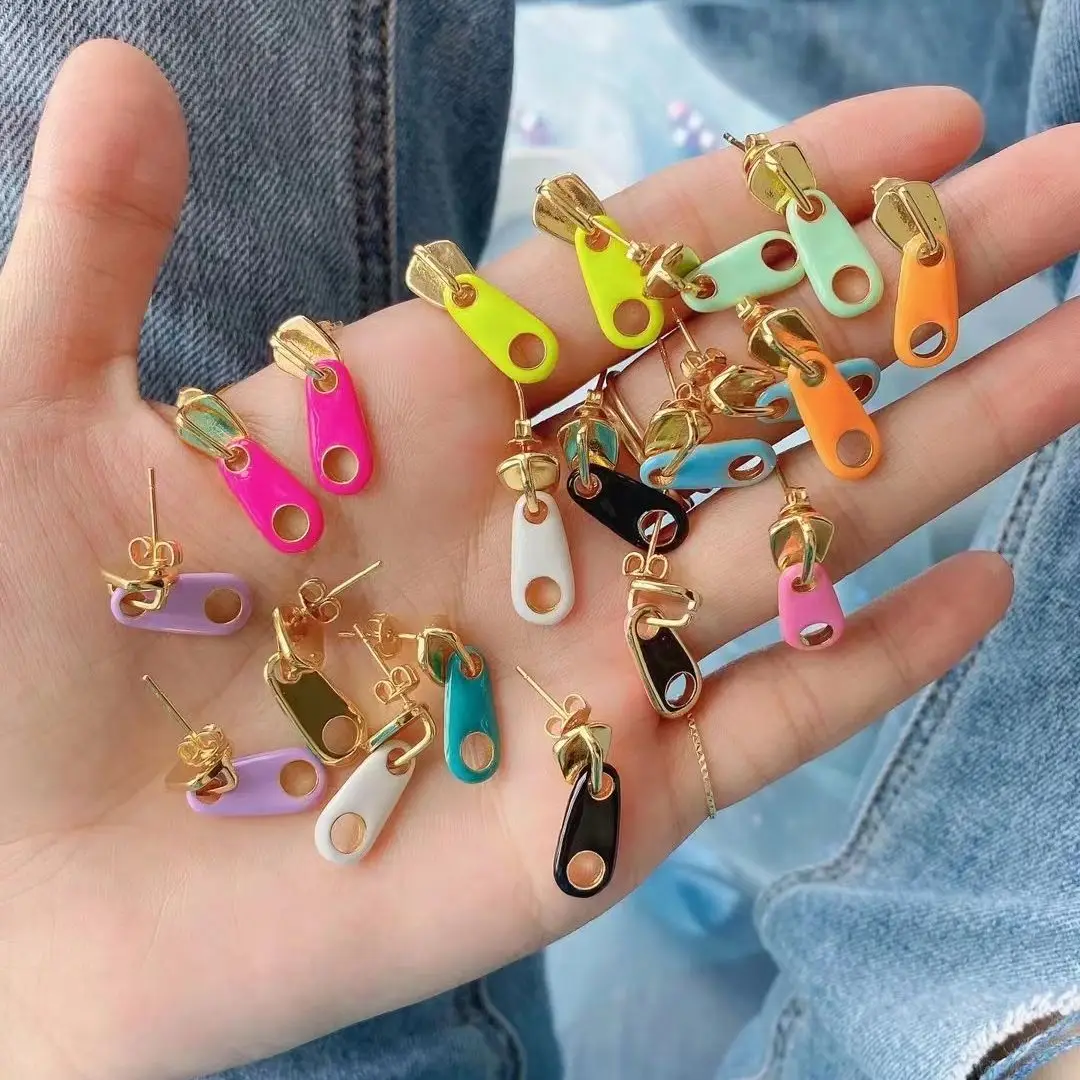 

5 Pairs, Korean Cute Enamel Fashion Zipper Stud Earrings for Women Colorful Zipper Earrings 2021 for Summer Unique Jewelry