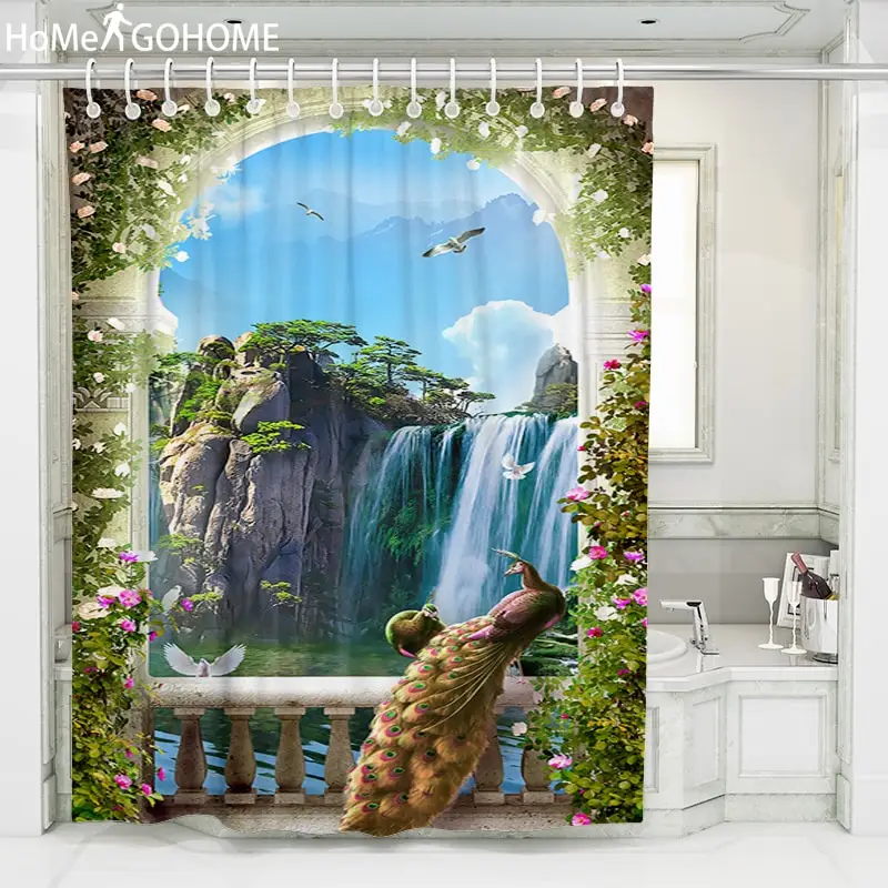 

Peacock Print Psychedelic Shower Curtain 3D Waterfall Landscape Bathroom Curtain Bath Washable Waterproof Mildewproof Fabric