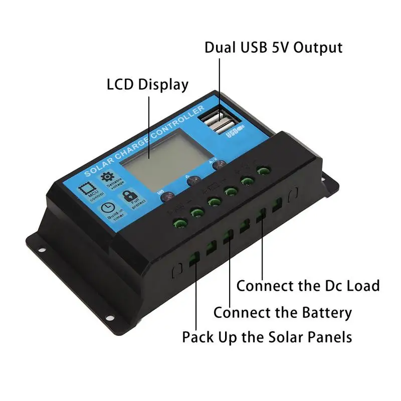 10A/20A/30 A Солнечный контроллер заряда ШИМ ЖК-контроллеры двойной USB выход 5 в солнечная панель PV регулятор
