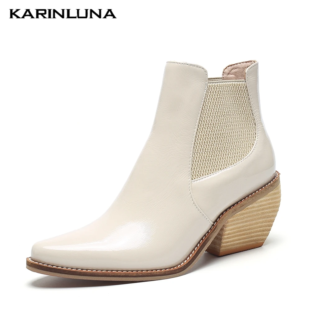 

Karinluna Brand Plus Size 43 Luxury Genuine Leather Lady Square Heels Chelsea Boots Female Shoes Woman Ankle Boots Women Shoes