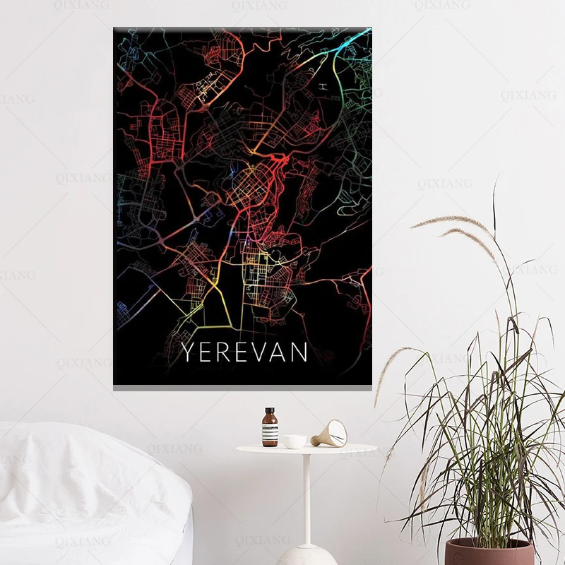Yerevan Armenia Watercolor Black City Map Canvas Wall Art Print Modern