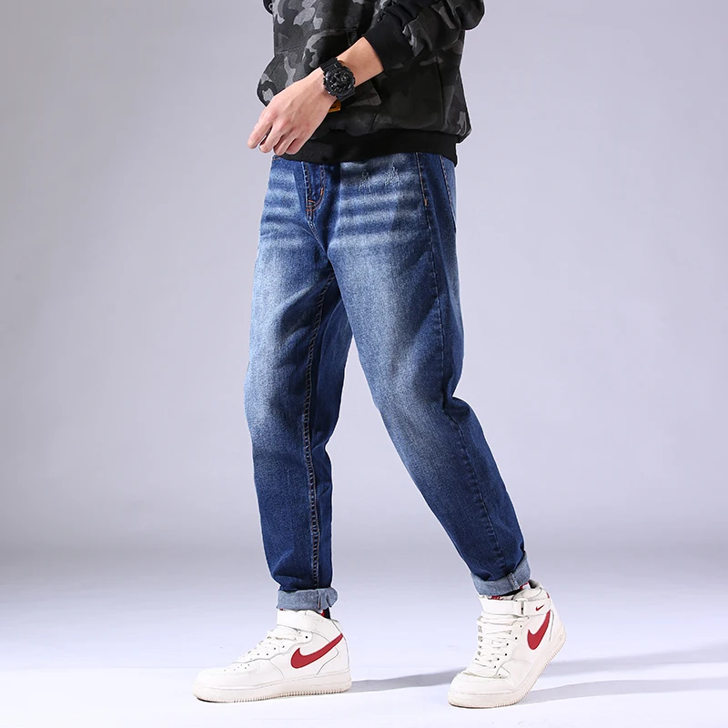Navy blue Мужской стиль Харадзюку, простые однотонные облегающие джинсы, хлопок, мужская майка для скейтбординга, джоггеры, джинсовые штаны, плюс размер 50 - Цвет: Navy blue