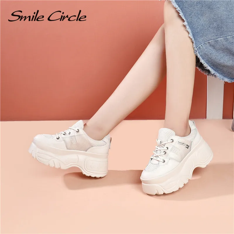 Smile Circle Genuine Leather Sneakers Women Flat Platform Shoes Autumn Breathable mesh women Thick bottom shoes