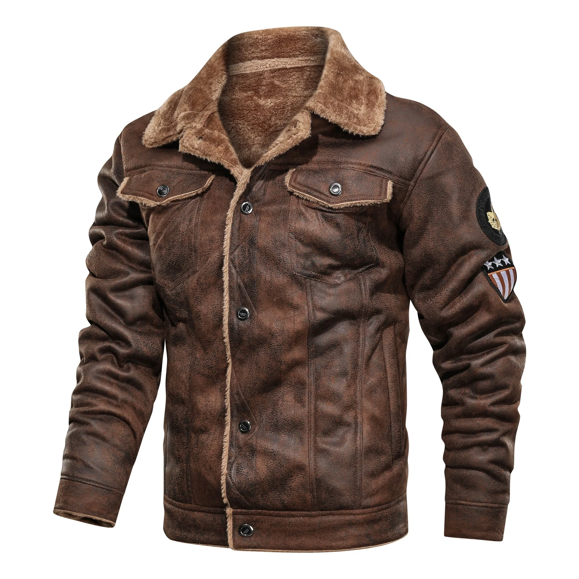 Mens Suede Leather Jackets Wool Military Jacket Winter Coat Thicken Warm Overcoats Men Fur Collar Causal Button Jacket Coat - Цвет: Brown MGH01