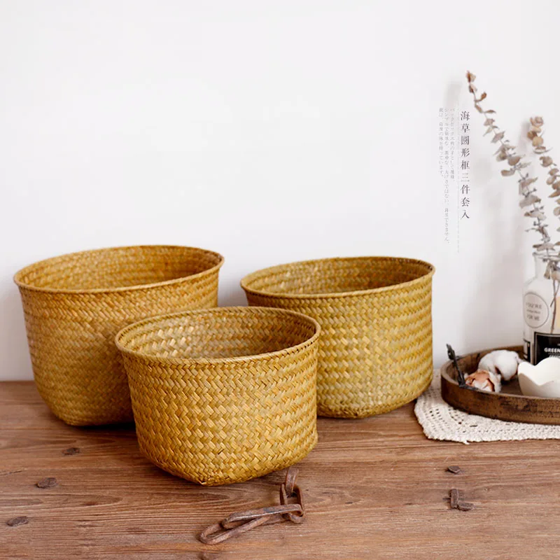Handmade Bamboo Storage Baskets Laundry Straw Patchwork Wicker Rattan Seagrass Belly Garden Decoration Planter Basket Wy10224