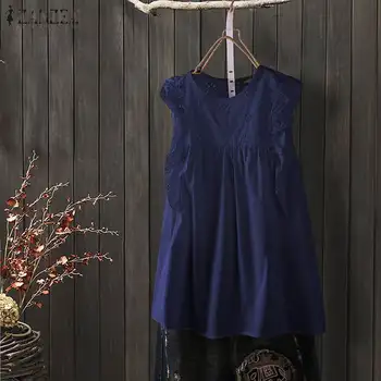 

ZANZEA Summer Tanks Tops Women Sleeveless Blouse Casual O Neck Hollow Out Ruffles Blusas Solid Shirt Tunic Plus Size Robe Tunic