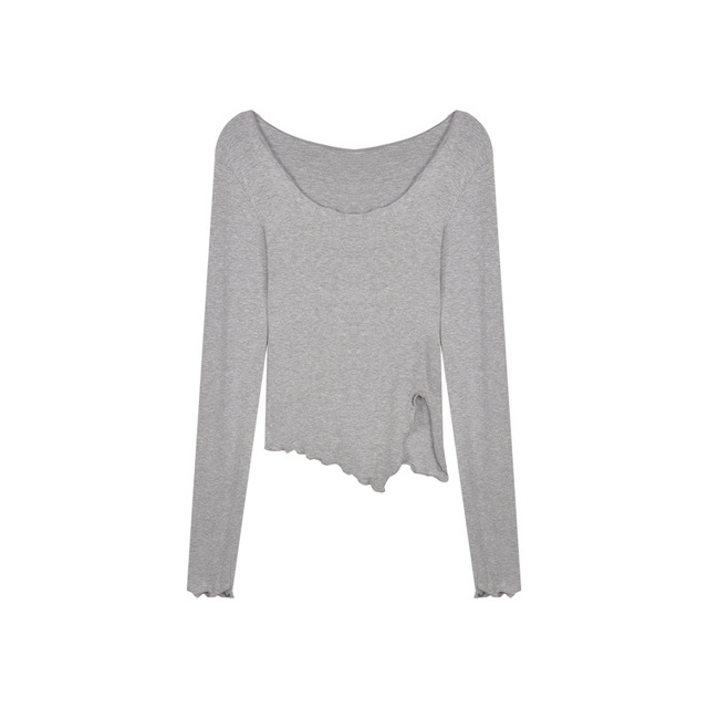 Sleeve T-shirts Women Fungus Line Irregular Hem Knitted Slender Autumn Bottoming Tees Chic Fashion Sexy Solid Ulzzang New