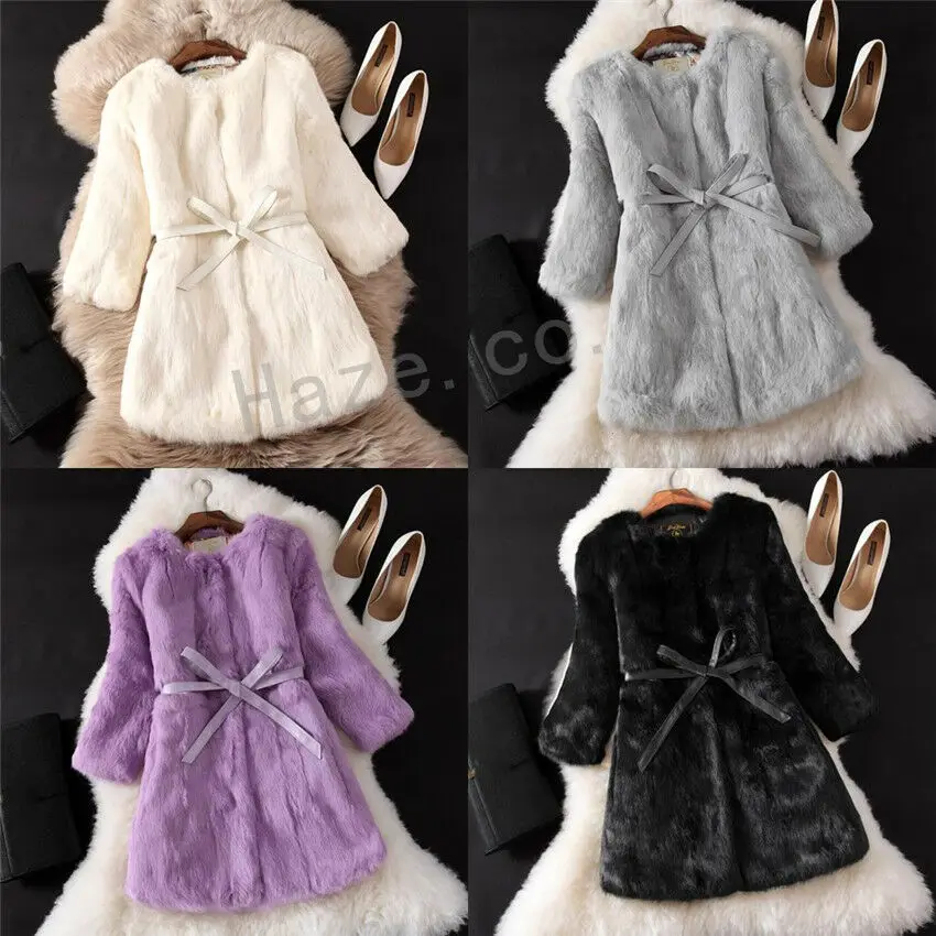 

Womens Fashion Crew Neck Real Rabbit Fur Furry Coat Parka Warm Jacket Outwears S-XXXL