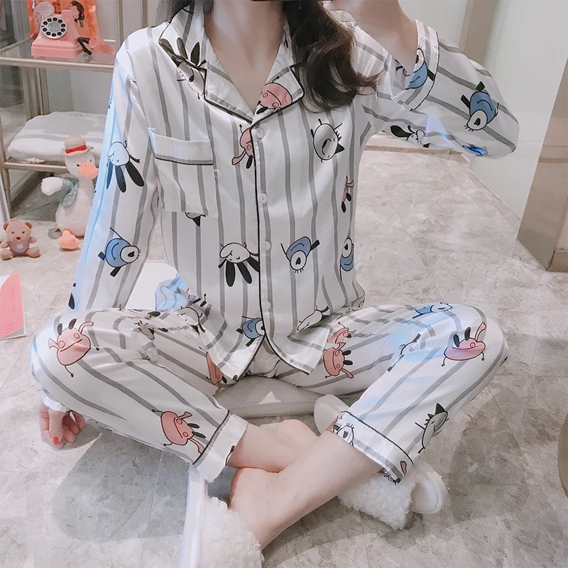 

Young Women Pajamas Set Silk Ladies Long-sleeved Spring Autumn Pyjama Loose Girl Home Set Comfortable Thin Sleepwear Top+ Pants