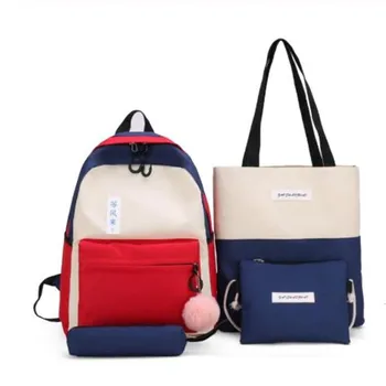 

Canvas Panelled Large Capacity Shoulder Bags Women 4pcs/set Patchwork Backpack School Bags For Teenage Purse Girls Pencil Case