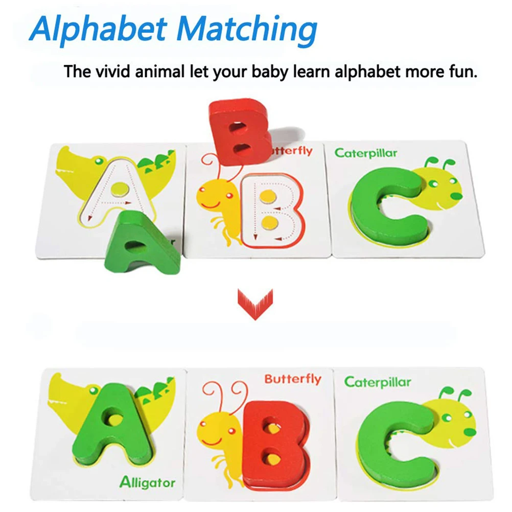 Baby Flash Cards Animals Wooden Jigsaw Puzzles Alphabet ABC Letter Card A To Z E