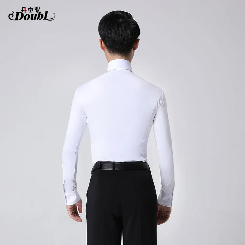 DOUBL Dance Men Latin Ballroom Shirt Male Workout Adult Ballroom Competition White BODY button Dance Stage Performance Clothes