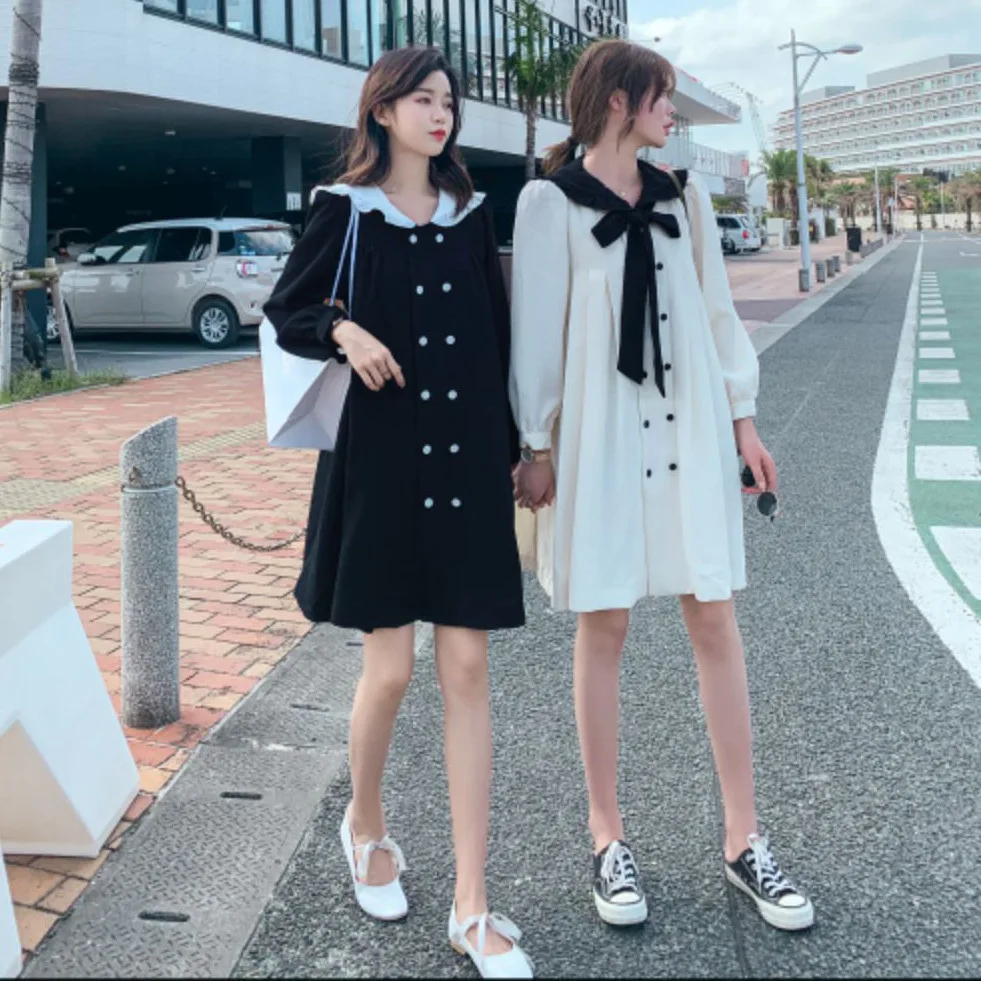 

Photo Shoot INS College Style by Age Contrast Color Peter Pan Collar Double Breasted Long Sleeve Loose-Fit A- line Best Friend D