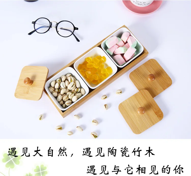 Ceramic Bamboo Storage Tray With Lid Dry Fruit Dessert Dish Japanese Removable Multi Grid Plate Candy Dried Snack Dessert Tray