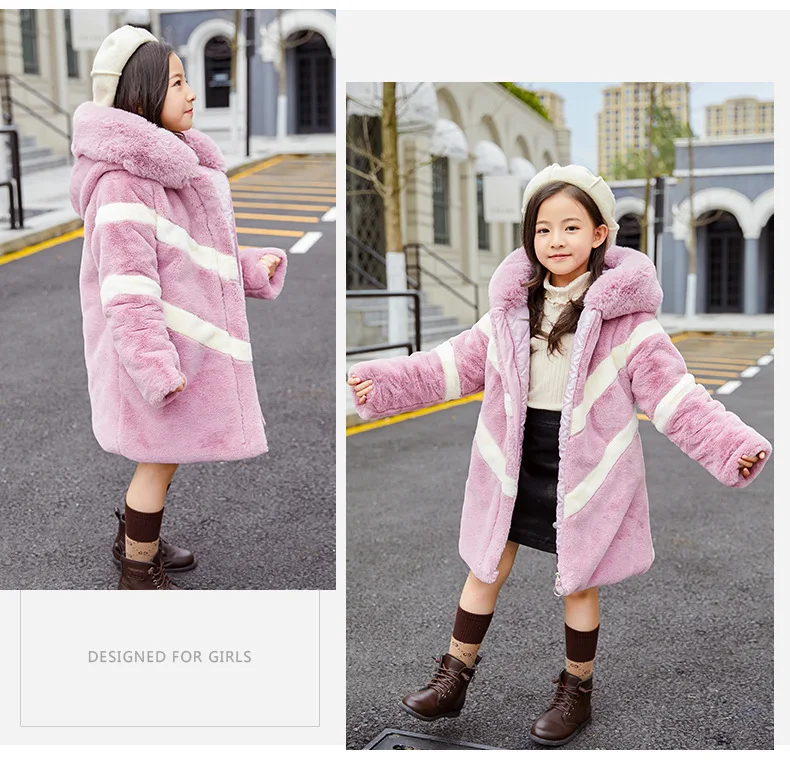 Длинное зимнее теплое пальто для девочек, черная и розовая шуба