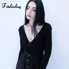 Fitshinling גותיקה כהה V צוואר T חולצת נשים עכביש אינטרנט רקמת כותנה יבול למעלה סקסי Slim שחור נשי חולצה גראנג' למעלה Tees(China)