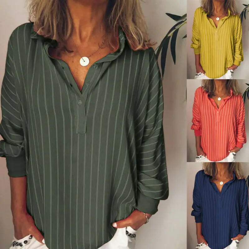 

Autumn Womens Baggy Loose Striped Short Sleeve Shirts V Neck Tops Blouse Shirt Turn-down Collar Button all season Loose Holiday