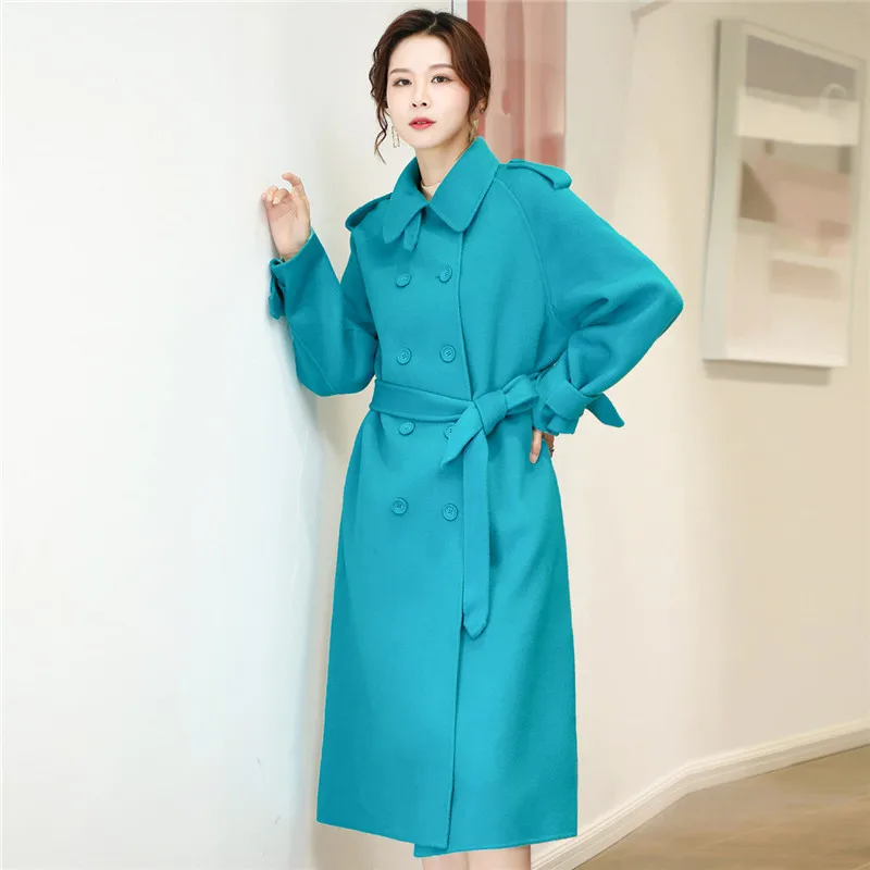 

Women Peacock Blue Woolen Coat New Female Autumn Winter Woolen Jacket Fashion Wool Overcoat High-end Wool Windbreaker