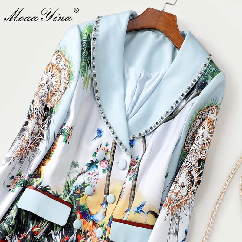 Wholesale Price DXJqy MoaaYina Fashion Designer dress Spring Autumn Women's Dress Long sleeve Print Beaded Double breasted Pleated Dresses