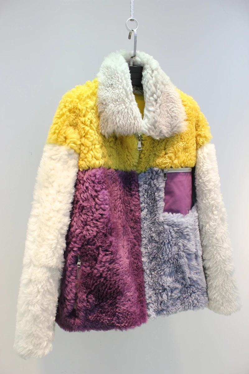 Для женщин Зимняя мода Цвет Блокирование дизайн овечья шерсть поверхность туфли на подкладке из овечьей кожи куртка; верхняя одежда