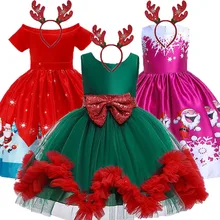 Новое рождественское платье для девочек, кружевное платье красного и зеленого цвета с бантом, детское платье принцессы, вечернее платье-пачка, одежда для детей 2-10 лет