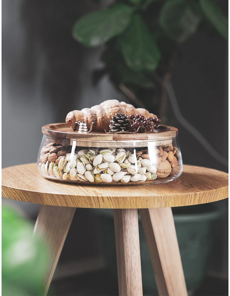 Transparent Glass Stylish Borosilicate Fruit Bowl With Real Bamboo Top - 7.9Inch