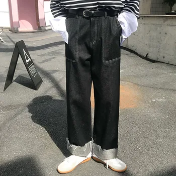 

Men Loose Casual Cuffs Wide Leg Jeans Male Women Vintage Streetwear Hip Hop Denim Pants Straight Cowboy Trouser