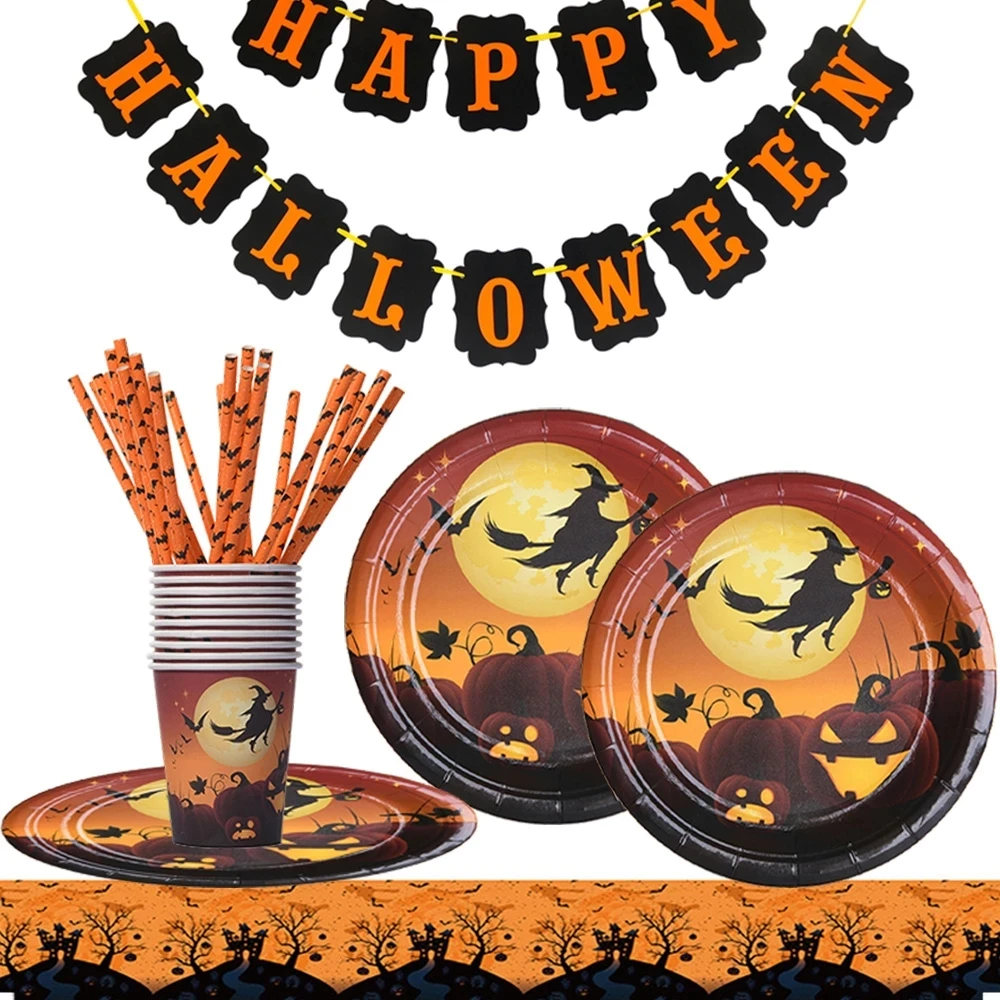 Vajilla Desechable De Halloween Para 16 Personas - Platos, Vasos Y Servilletas Con Diseño De Esqueletos Y Murciélagos, Fiesta Temática