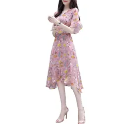Повседневное шифоновое женское платье с цветочным принтом, Повседневные Вечерние, для покупок, летние, v-образный вырез, асимметричный