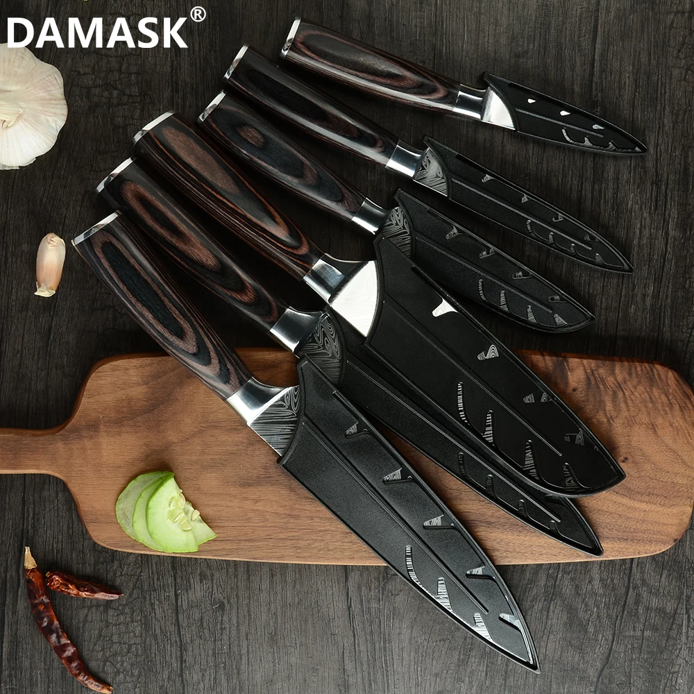 Дамасский кухонный нож для нарезки 7Cr17 Mov кухонный нож из нержавеющей стали высококлассный нож с рисунком рыбьей кости с бесплатными ножны в подарок