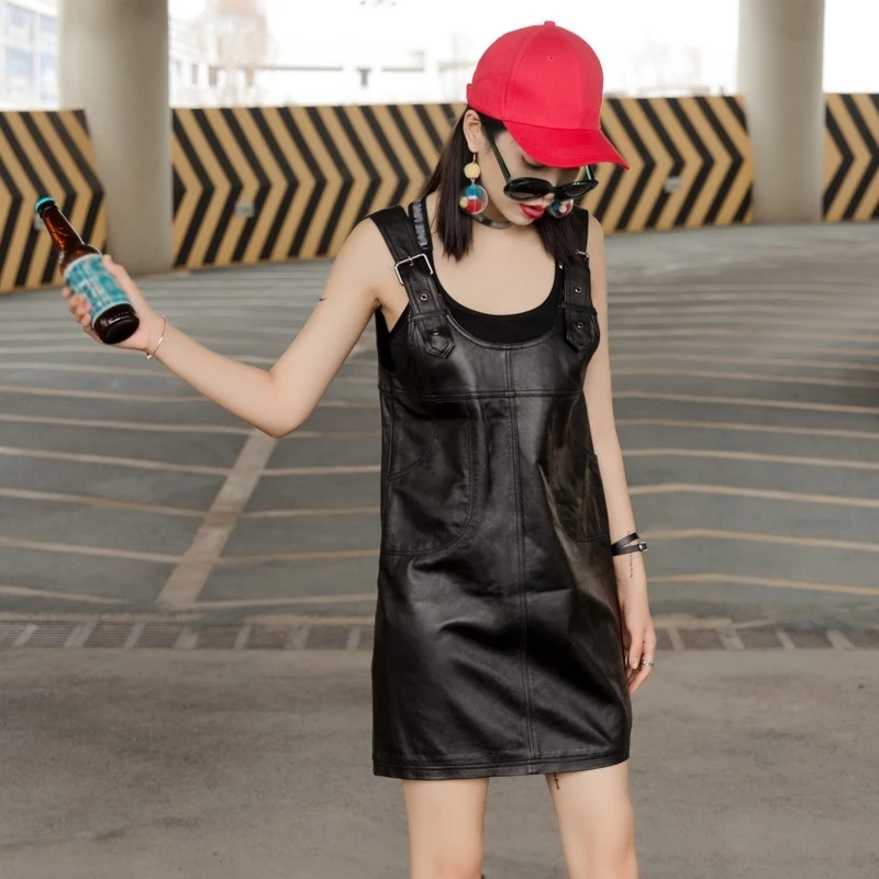 

Fashion Solid Strap A-Line Genuine Leather Dress Casual Black Red O-Neck High Quality Real Sheepskin Dress Long Female Clothes