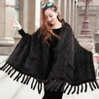 

Women fur Poncho winter black/brown knitted natural mink fur scarves wraps real mink fur shawls for female