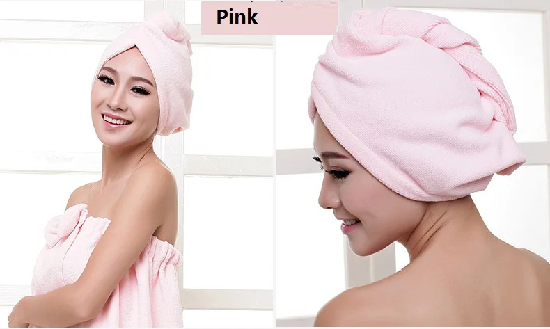 Pink Сверхтонкое волокно для сухих волос банное полотенце из микрофибры быстрое высыхание тюрбан супер абсорбирующий женский головной убор для волос с кнопкой утолщение - Цвет: Pink