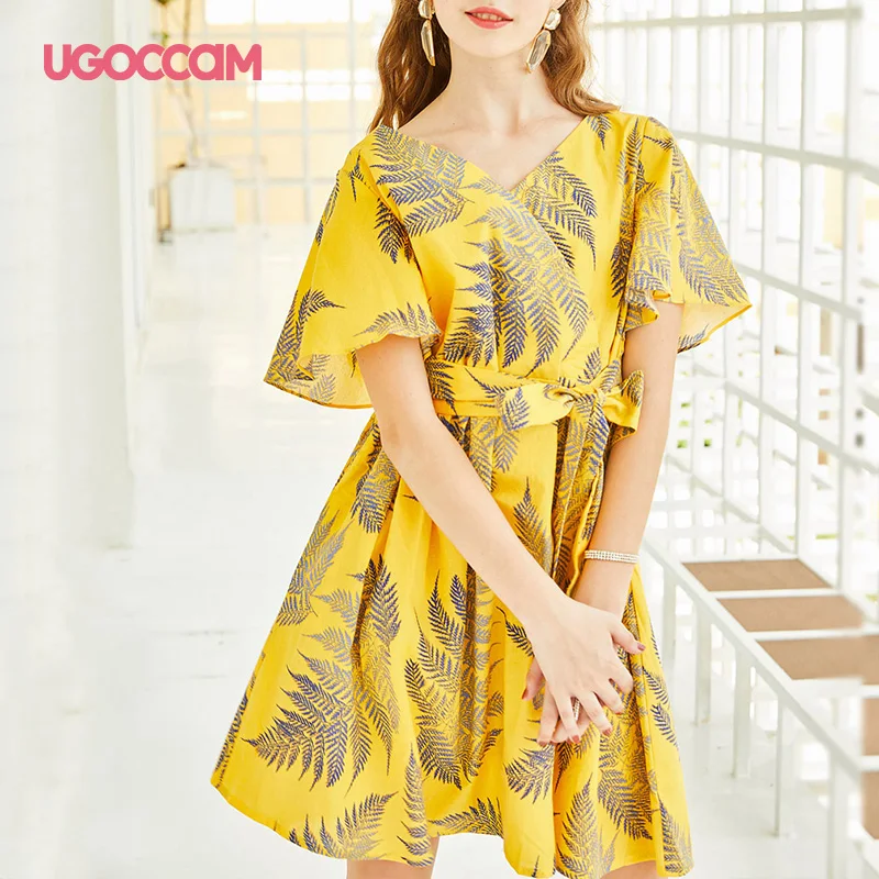 

UGOCCAM Bright Yellow Surplice Wrap Knot Tropical Print Summer Boho Dress Women V-Neck Short Sleeve A Line Fit and Flare Dresses